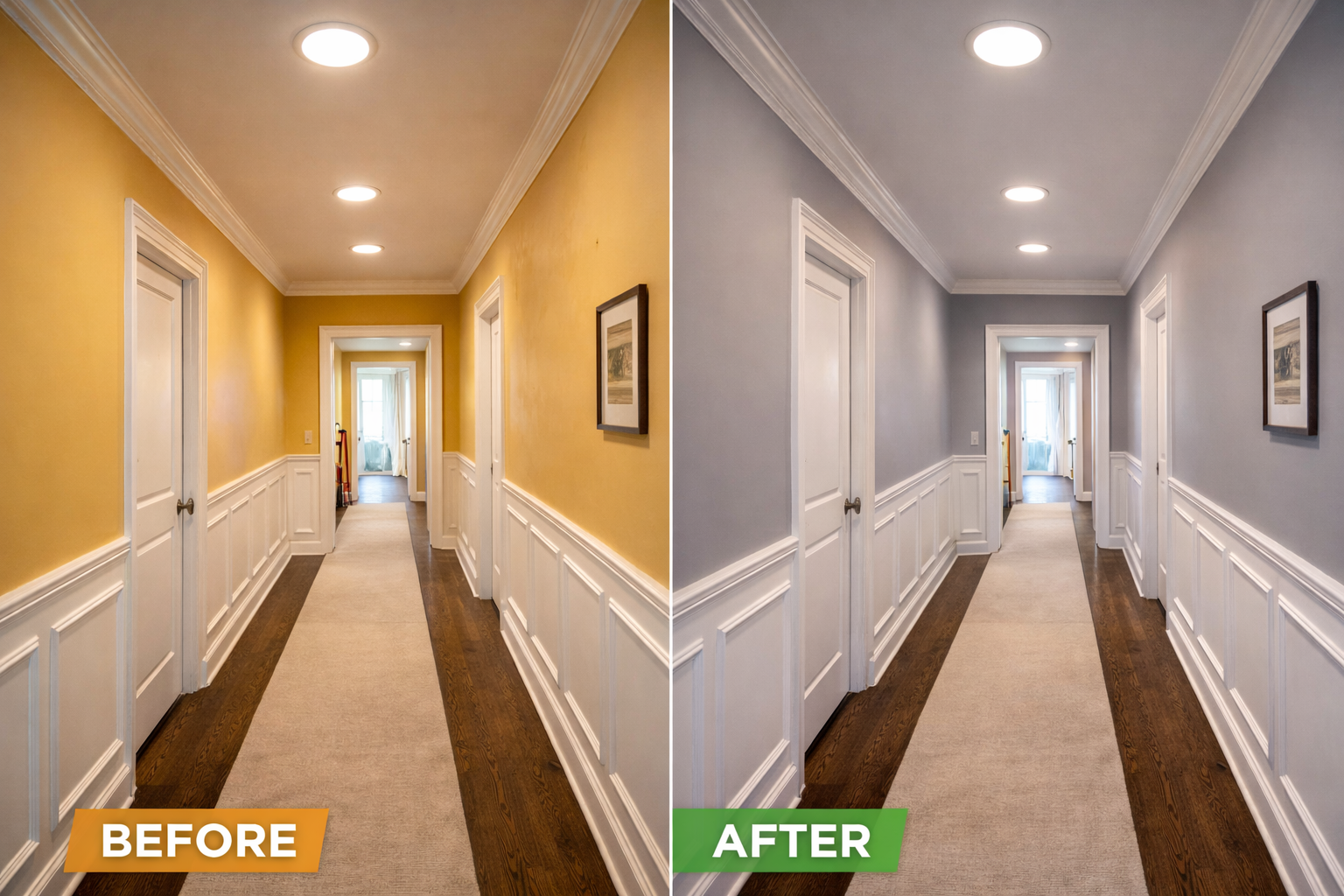 Before and after interior painting collage